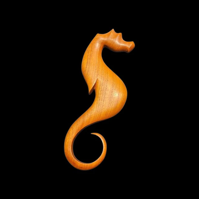 Figure - Teak wood wall decoration in the shape of a stylized seahorse
