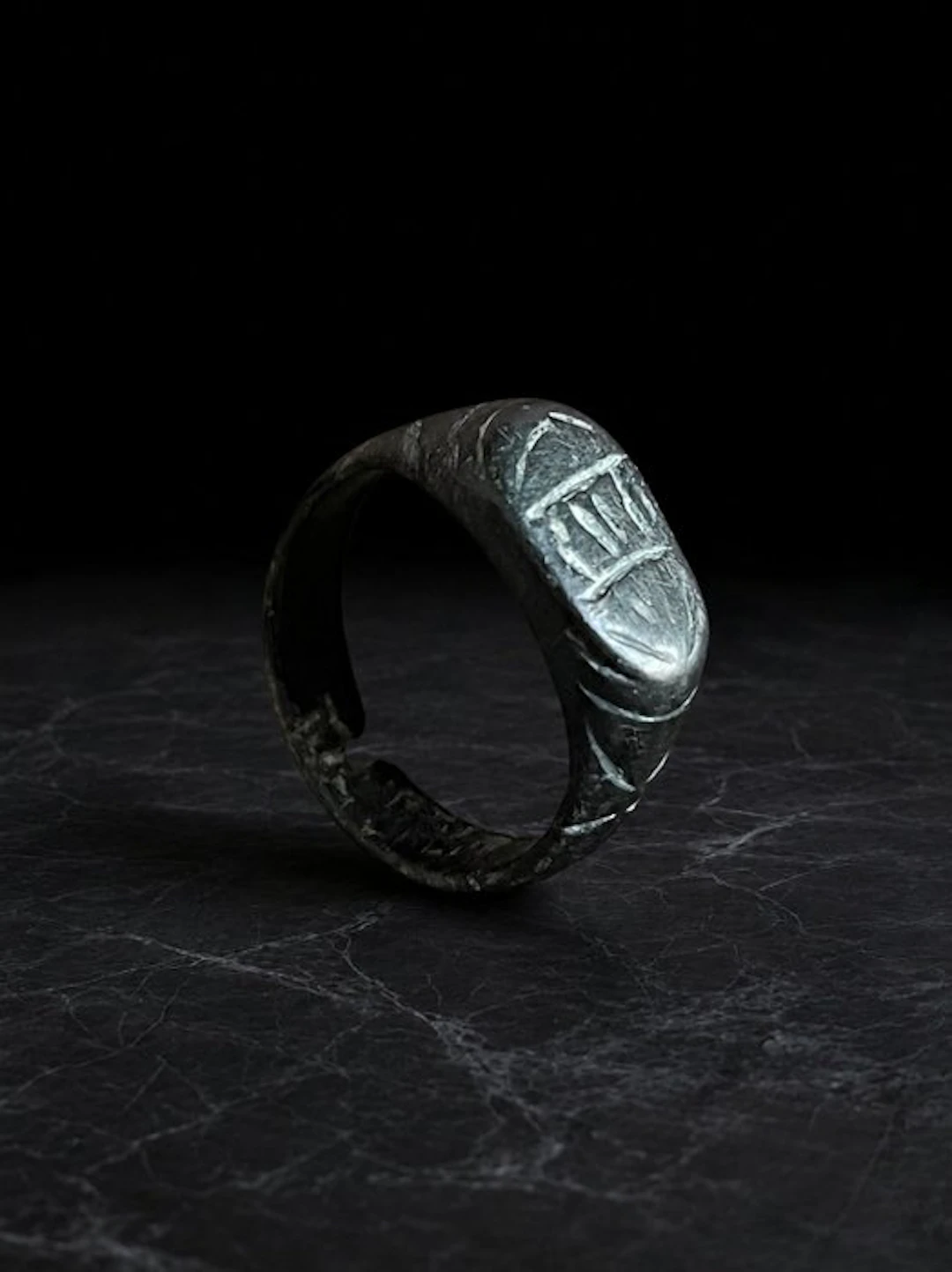 Medieval Bronze Signet Ring with Geometric Merchant Mark...