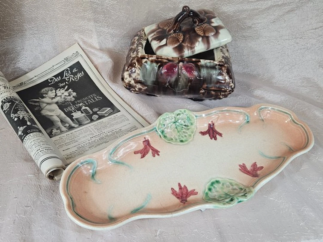 Art Nouveau Barbotine / Majolica Set – Floral Tray...