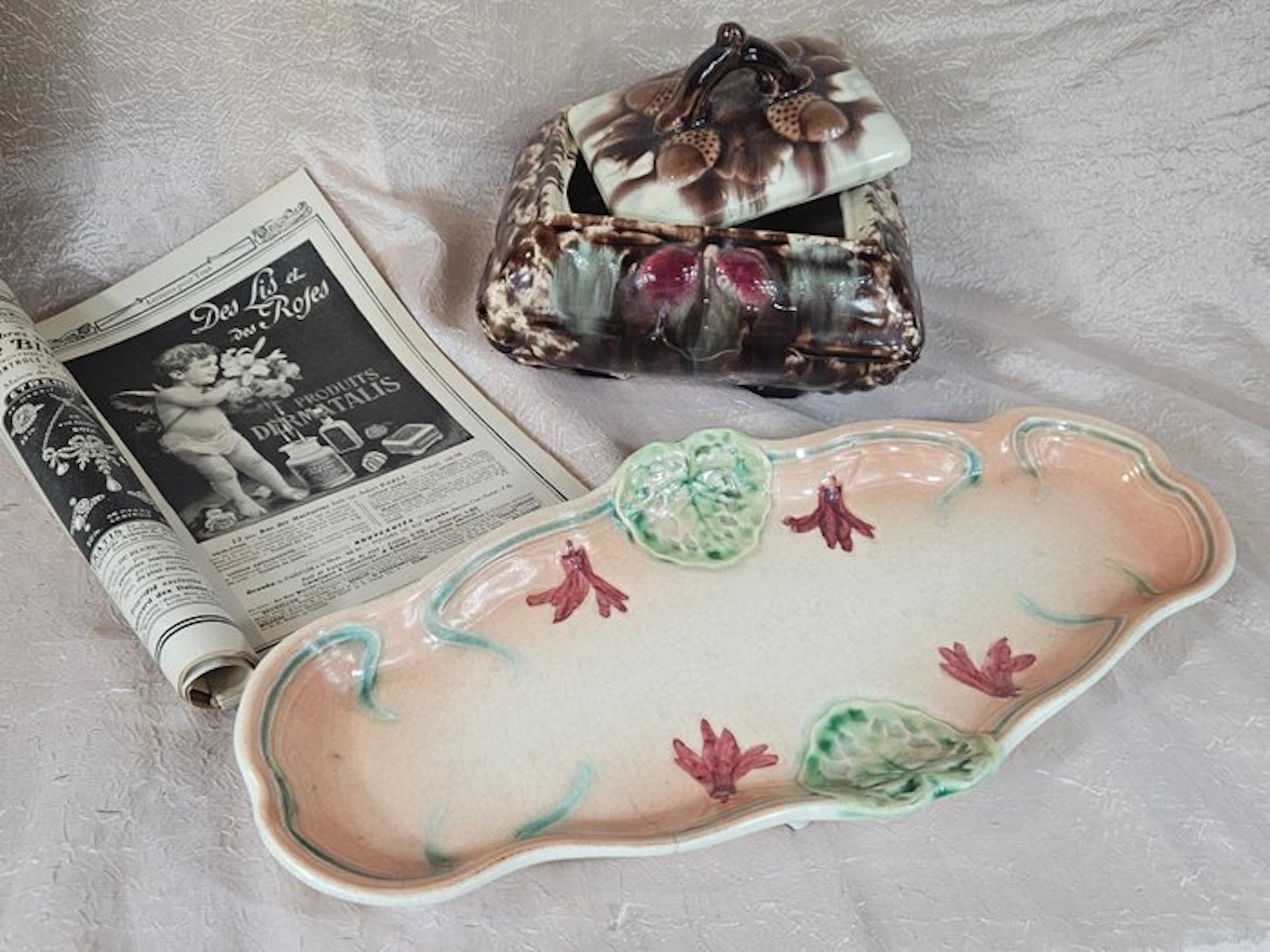 Art Nouveau Barbotine / Majolica Set – Floral Tray...