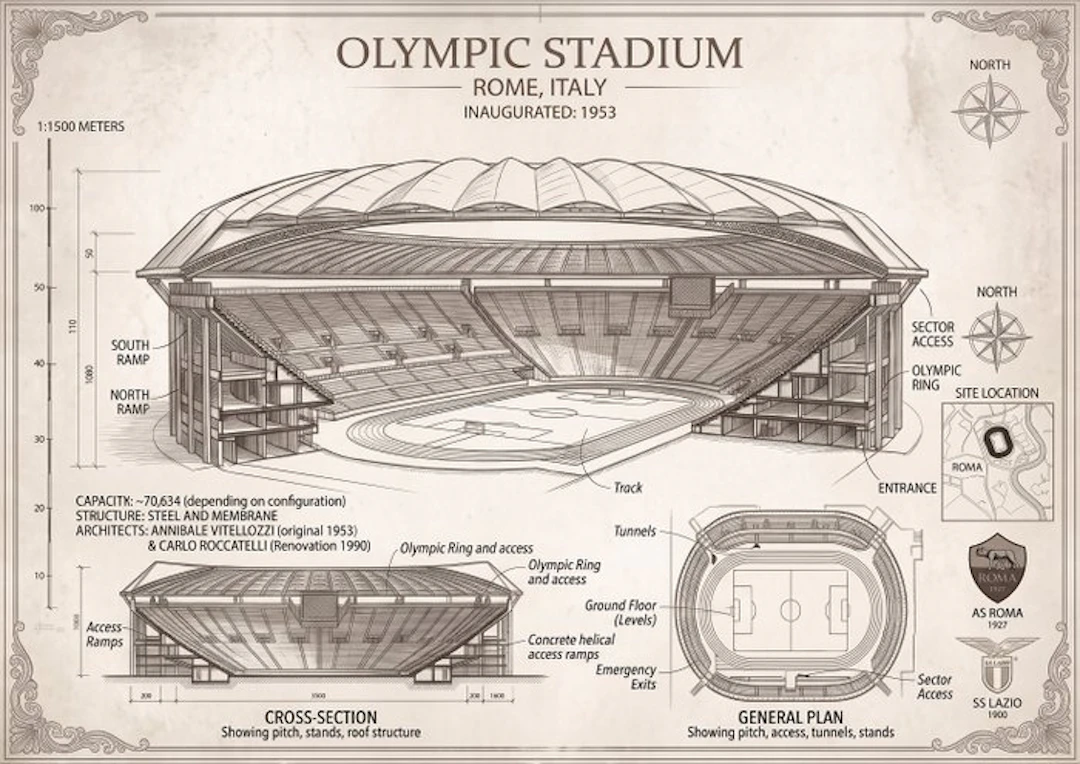 OrtsAtelier - Architecturale Blauwdruk Poster Stadio Olimpico Rome