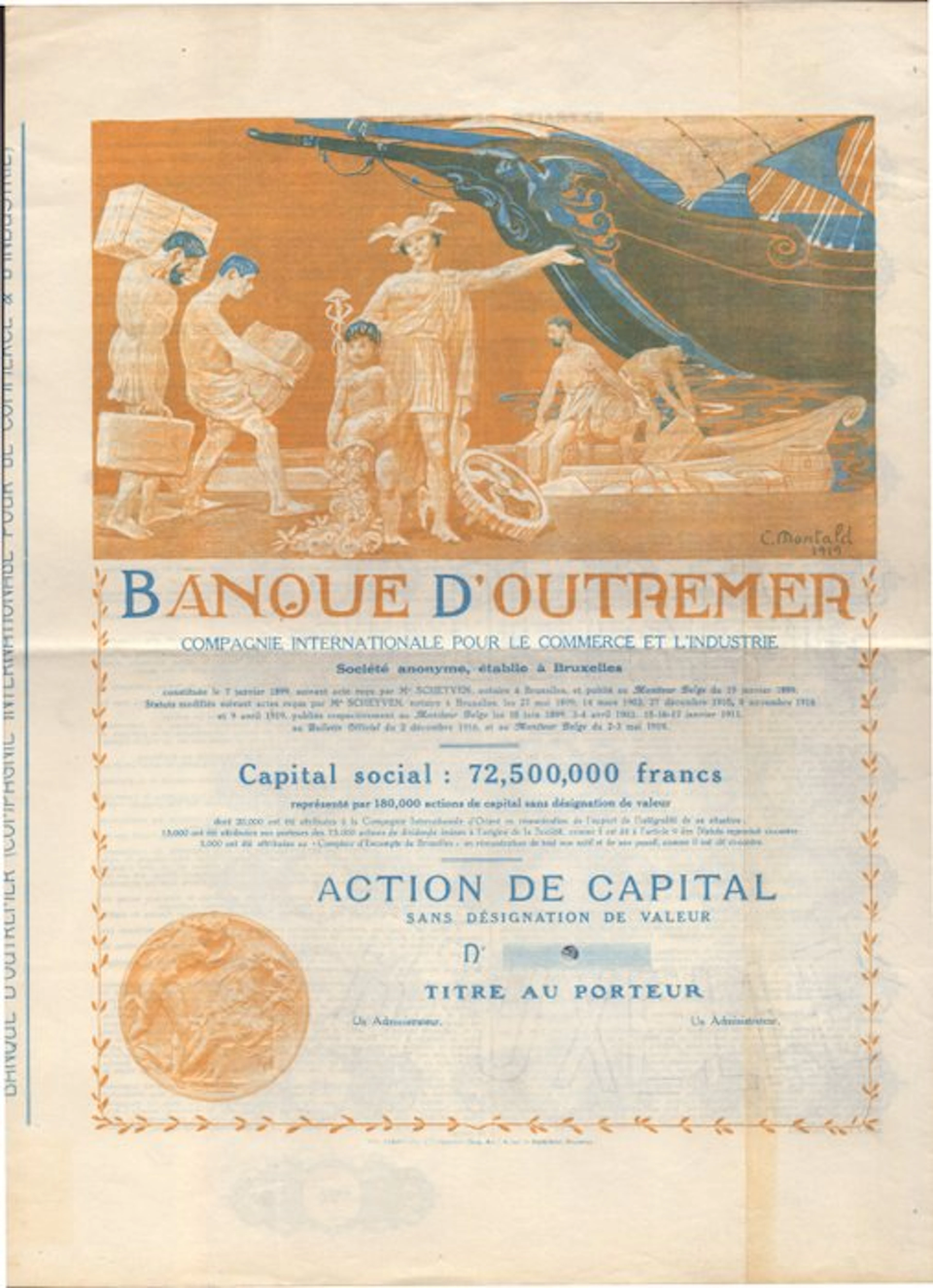 Belgium. Banque d'Outremer 1919 (No reserve price)