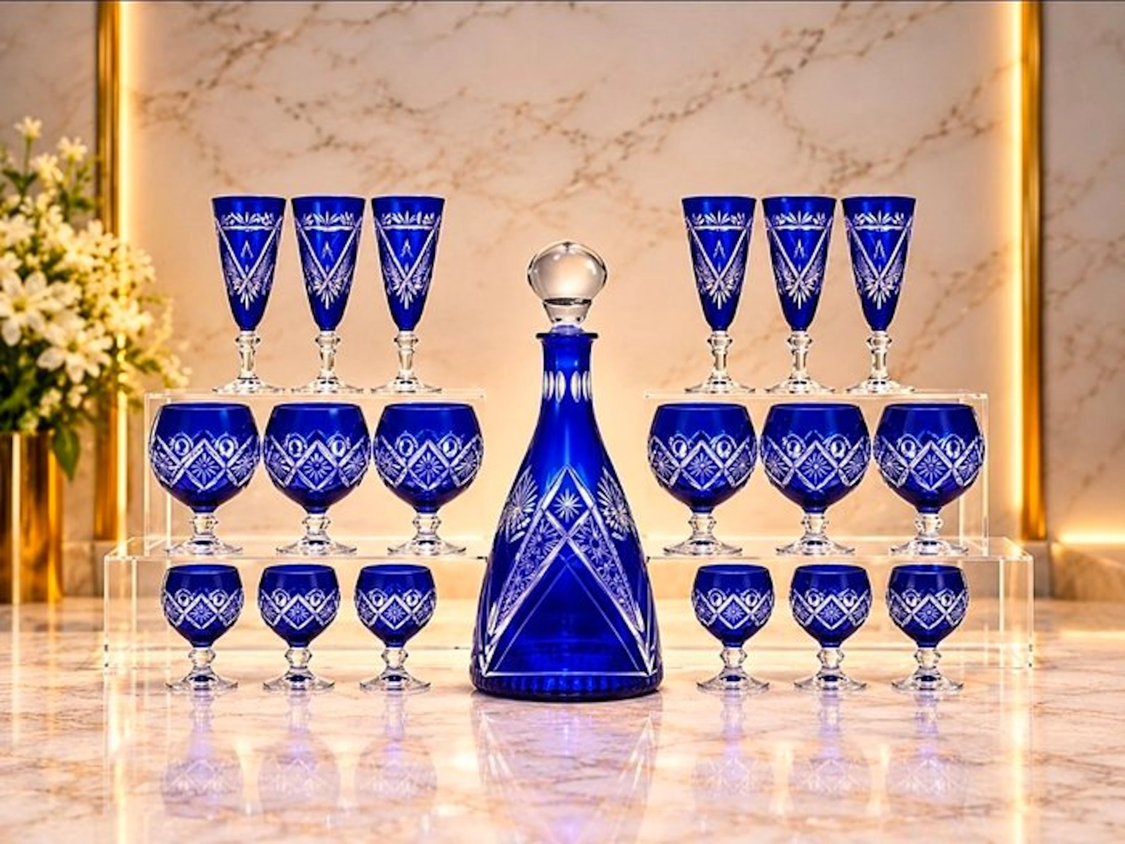 Cristal de Bohême - Drinking service (19) - Cobalt Blue...