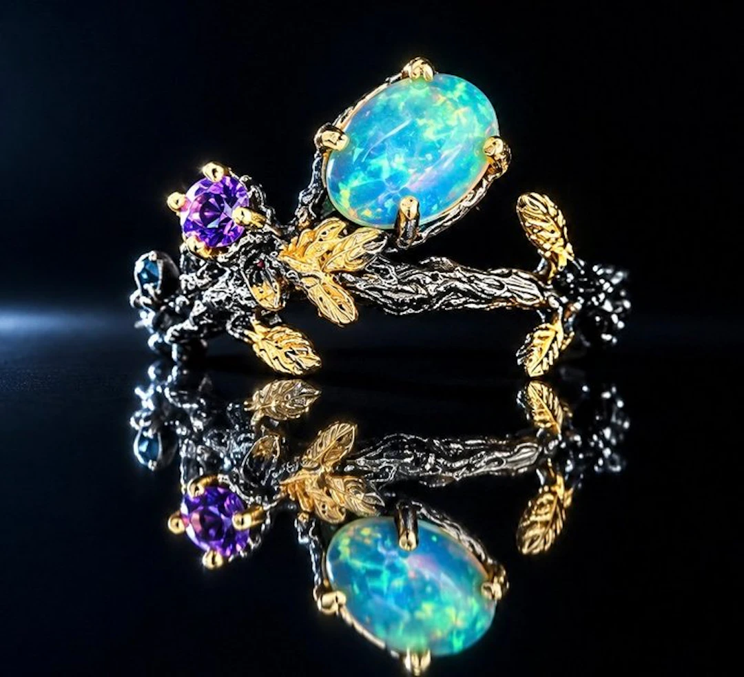 925 silver, partially gold-plated, opal, amethyst - Ring