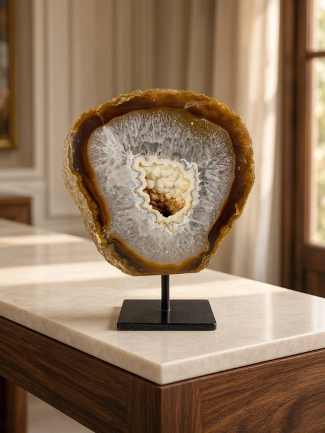 Very rare natural agate with crystal portal geode on...