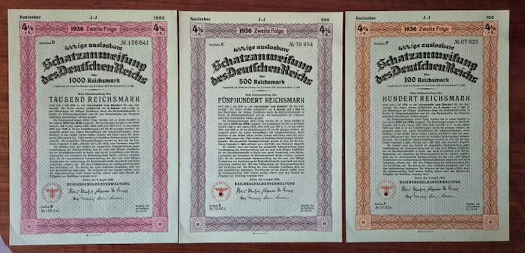 Germany. 100 + 500 + 1000 Reichsmark 1936 Schatzanweisung...