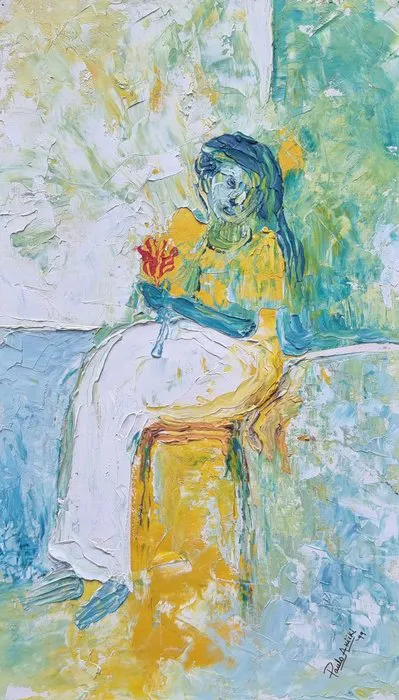 Paulo Akiiki - "Zittende vrouw met bloem" ("Woman holding a flower").