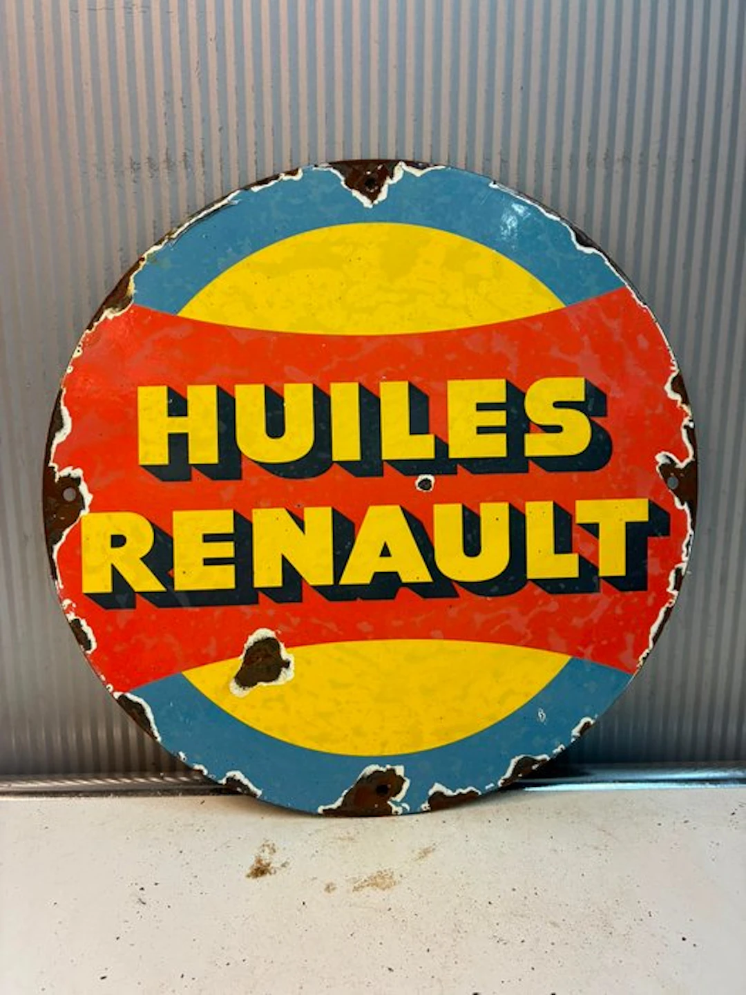 Huiles Renault – rond reclamebord voor Renault-oliën - Enamel sign - Enamel