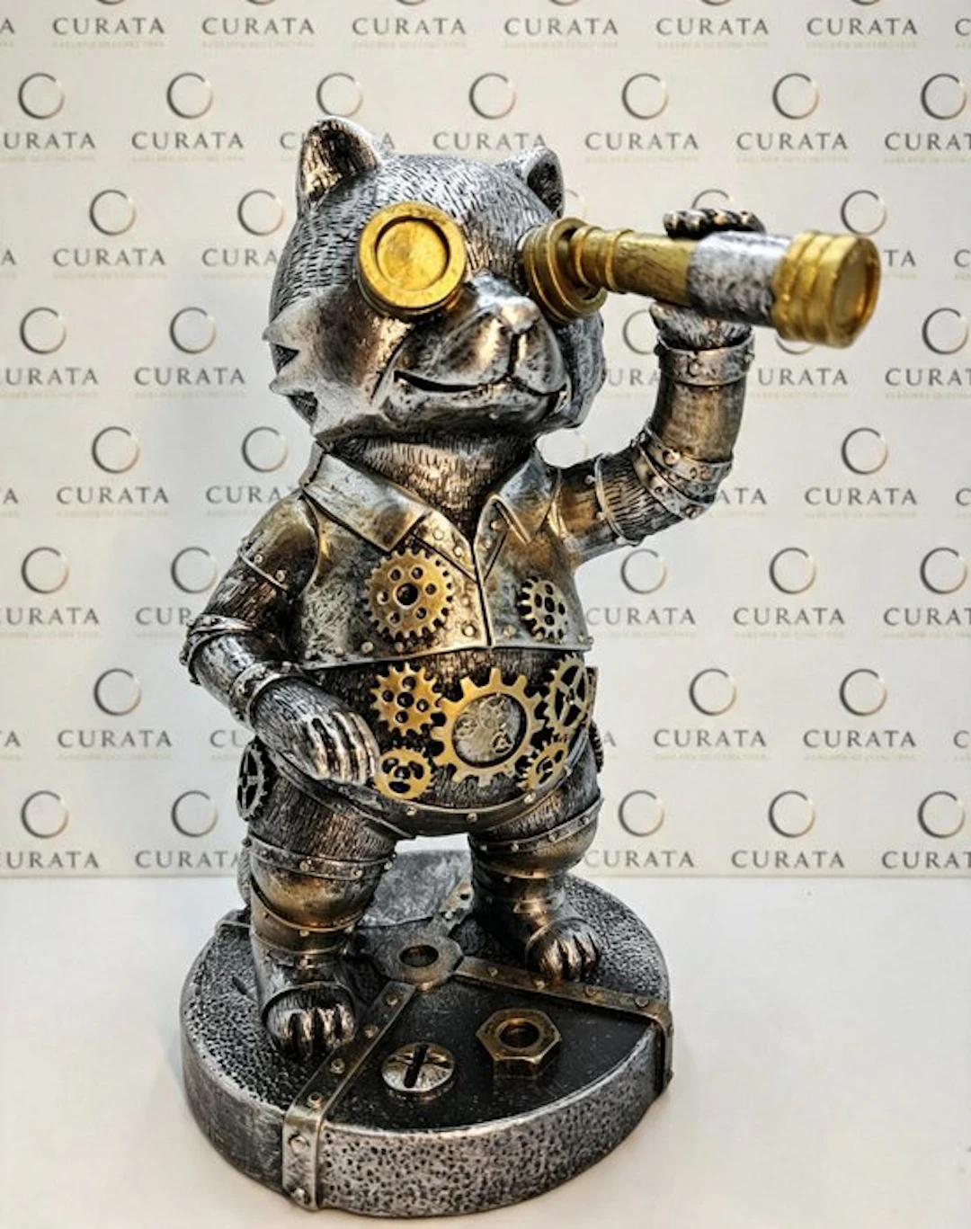 Figurine - Gatto Esploratore Steampunk in Resina con Cannocchiale - Resin