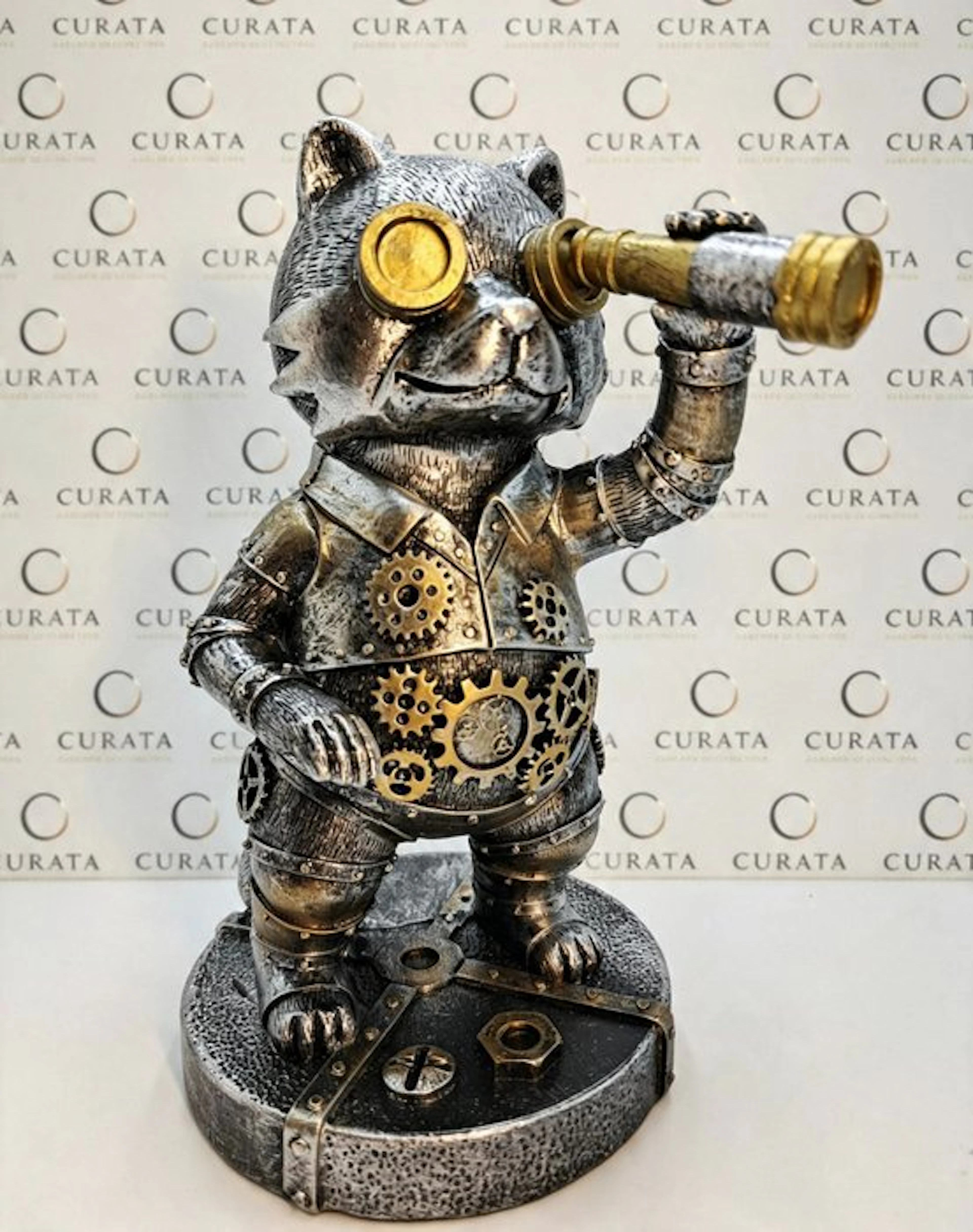 Figurine - Gatto Esploratore Steampunk in Resina con Cannocchiale - Resin