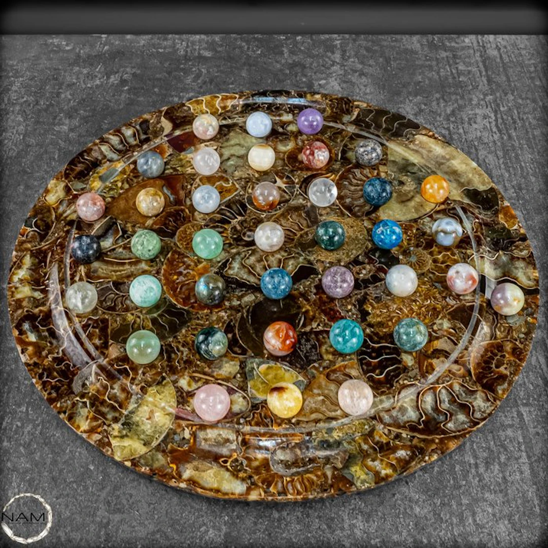 Solitaire game made from an ammonite plate. with gemstone spheres- 2113.42 g