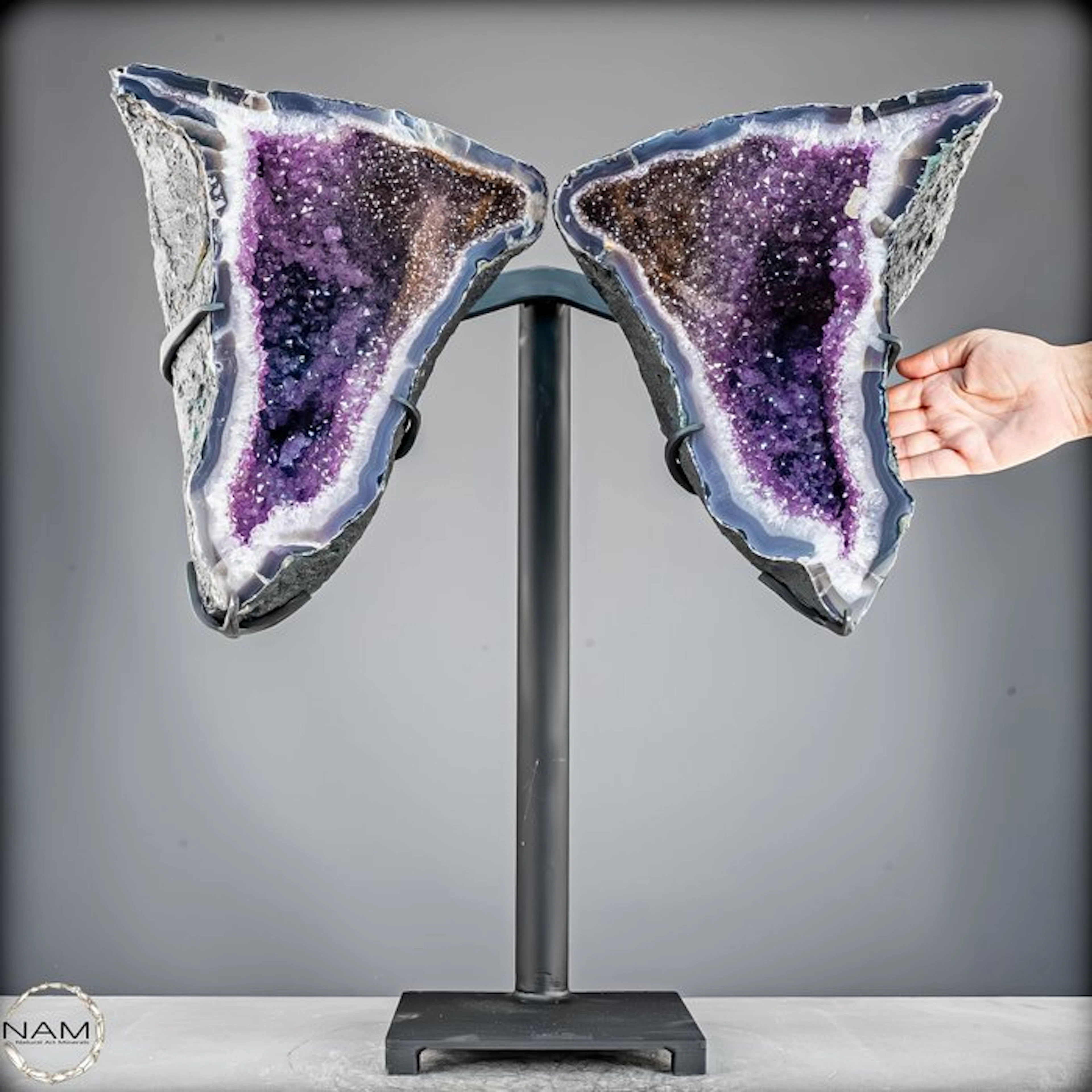 Natural amethyst butterfly-wing druzy with calcite...