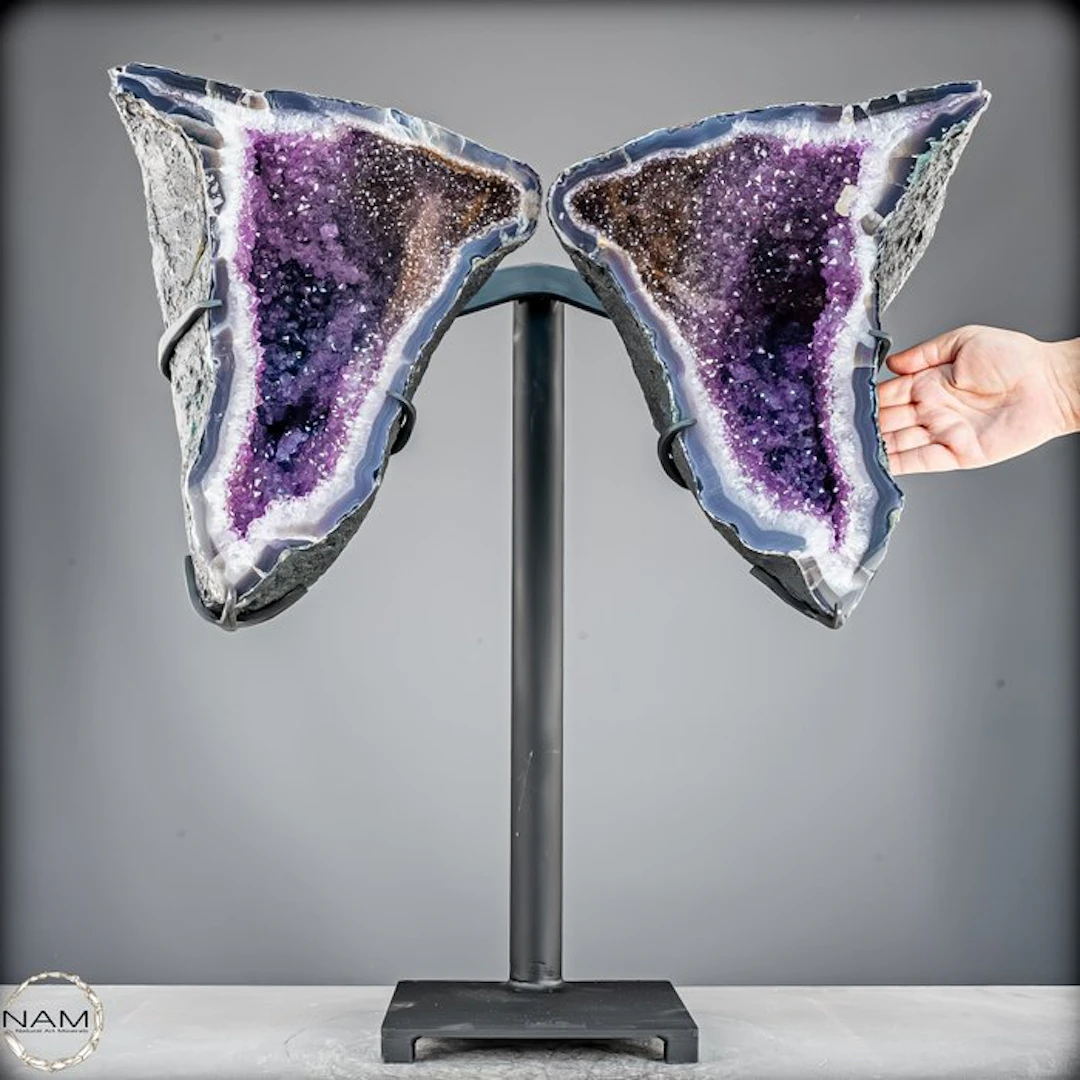 Natural amethyst butterfly-wing druzy with calcite...
