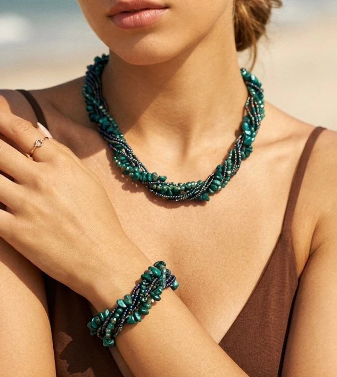 Six-row necklace & bracelet with malachite & crystals - 2 piece jewellery set