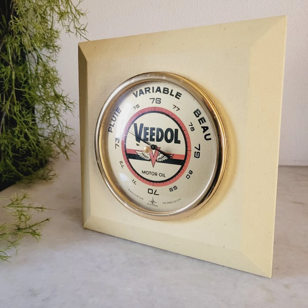 Zeldzaam Aangeboden: Veedol Oil, Reclamebord met Barometer, 1940 - Sign - Glass