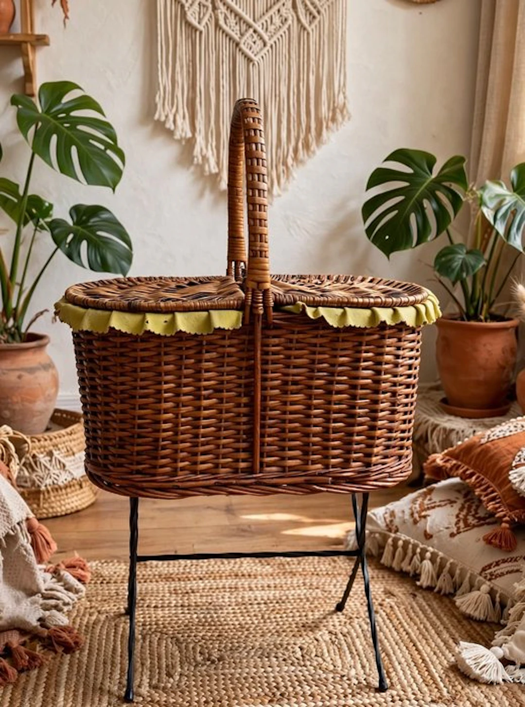 Basket - Wrought iron, bamboo - for sewing and magazine rack
