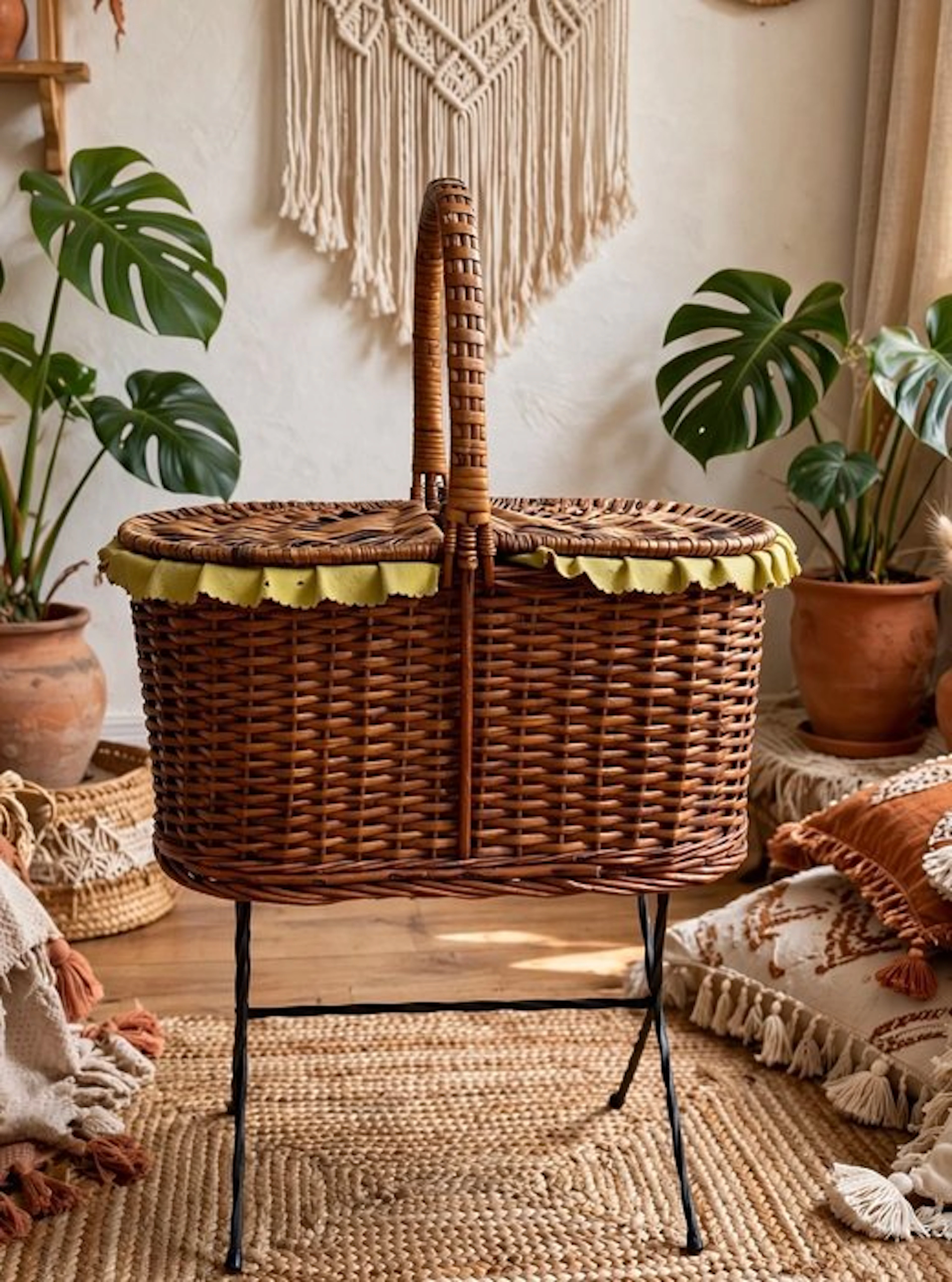Basket - Wrought iron, bamboo - for sewing and magazine rack