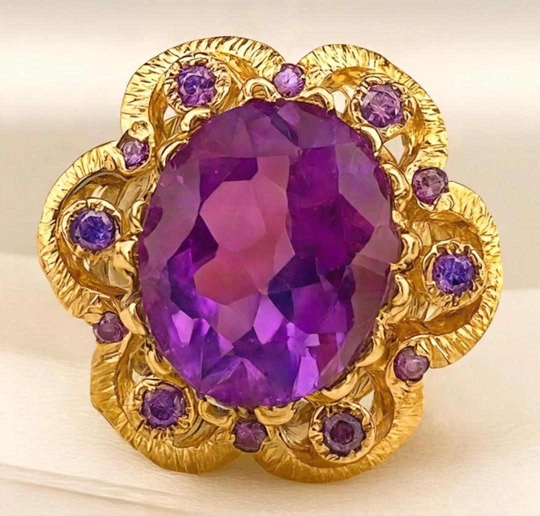 No reserve price - Ring - 9 kt. Yellow gold, Silver Amethyst - Amethyst