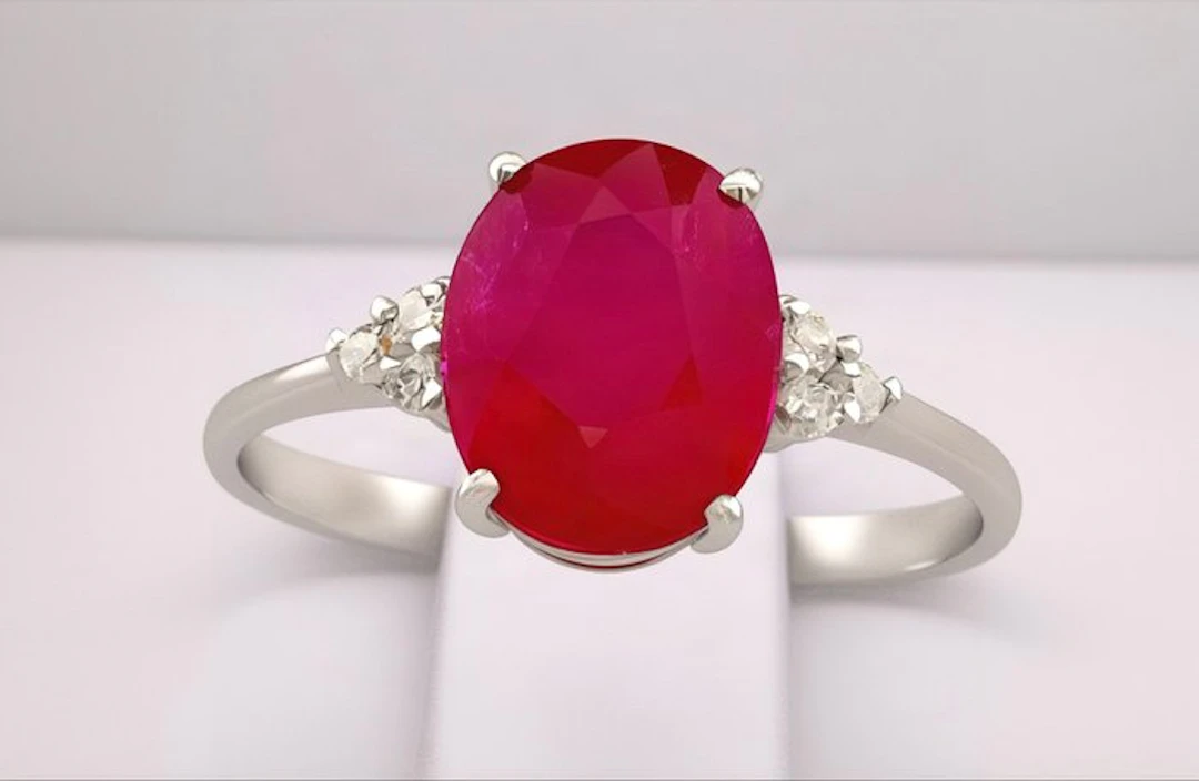 No reserve price - Ring - 14 kt. White gold Ruby - Diamond