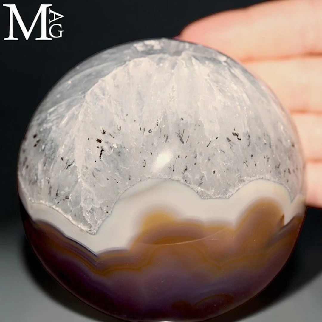 Natural Agate Geode Sphere with Sparkling White Quartz...