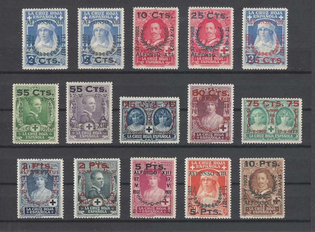 Spain 1927 - Alfonso XIII - Red Cross 3rd series - Edifil 373/387