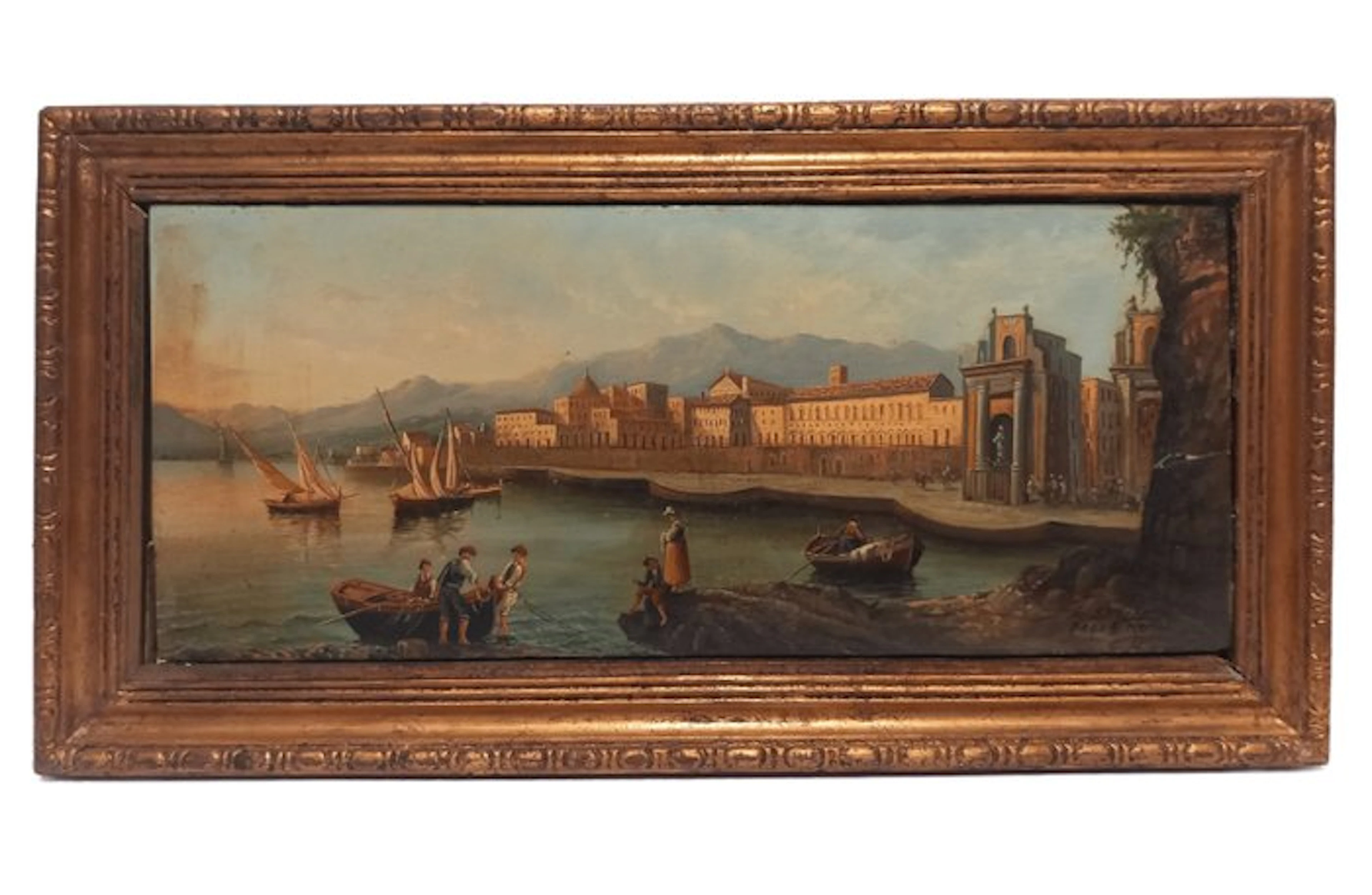 Luigi Savino (1930) - Veduta del porto di Palermo con barche e pescatori