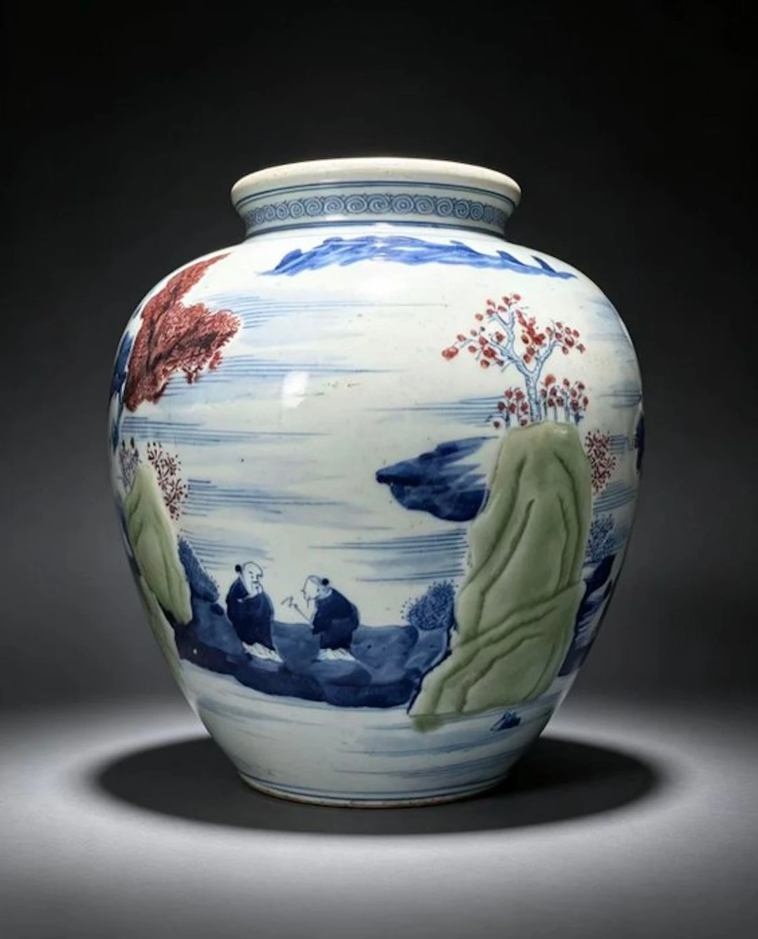 Underglaze Tricolor Landscape and Figure Large Vase - 20th century