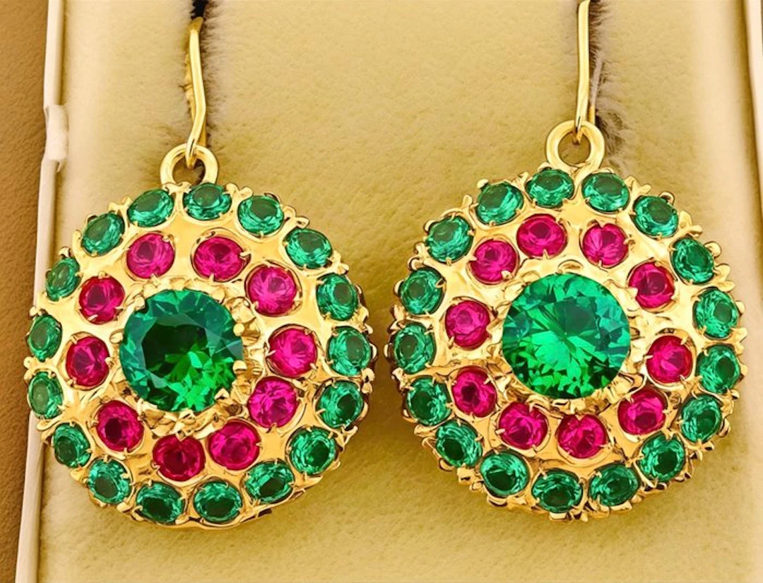 No reserve price - Earrings - 9 kt. Yellow gold, Silver Emerald - Ruby