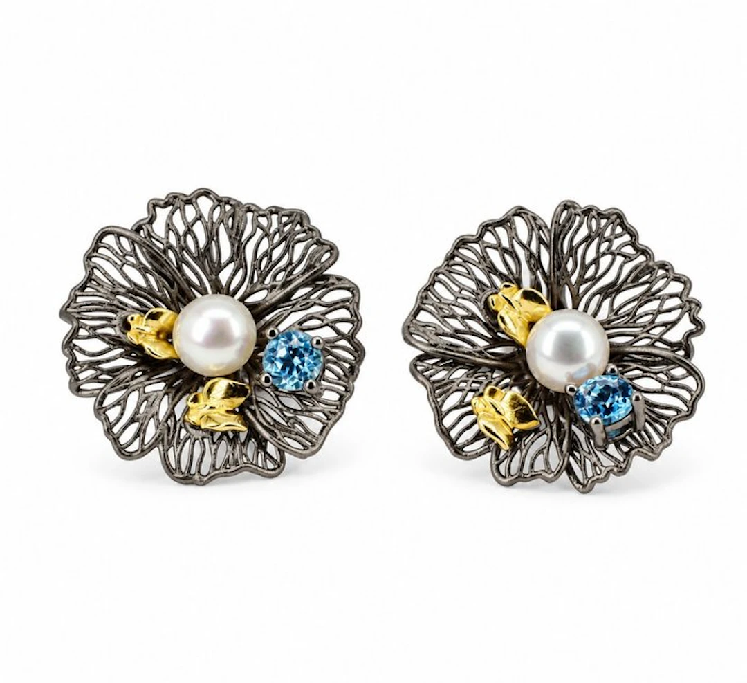 No reserve price - Earrings Gold-plated, Silver Pearl - Topaz - Limited edition
