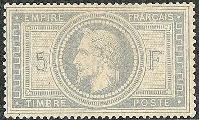 France 1869 - Napoléon III Laureate, 5 fr. violet-gray, signed Brun - Yvert 33