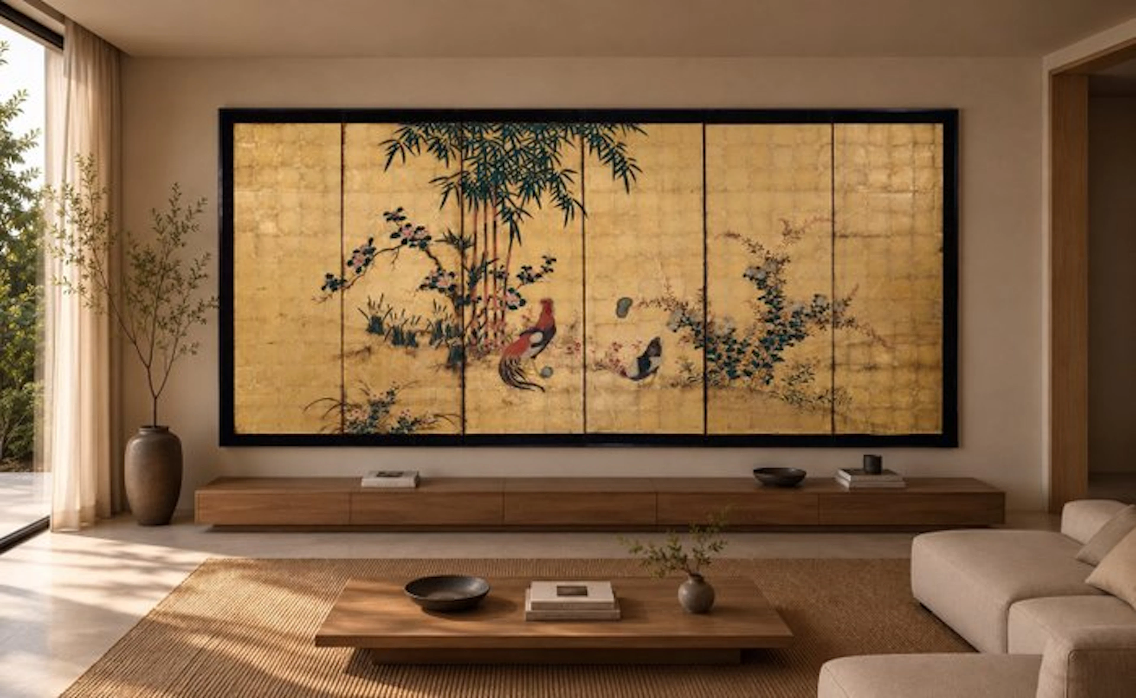 A splendid six-panel silver and gold leaf folding screen...