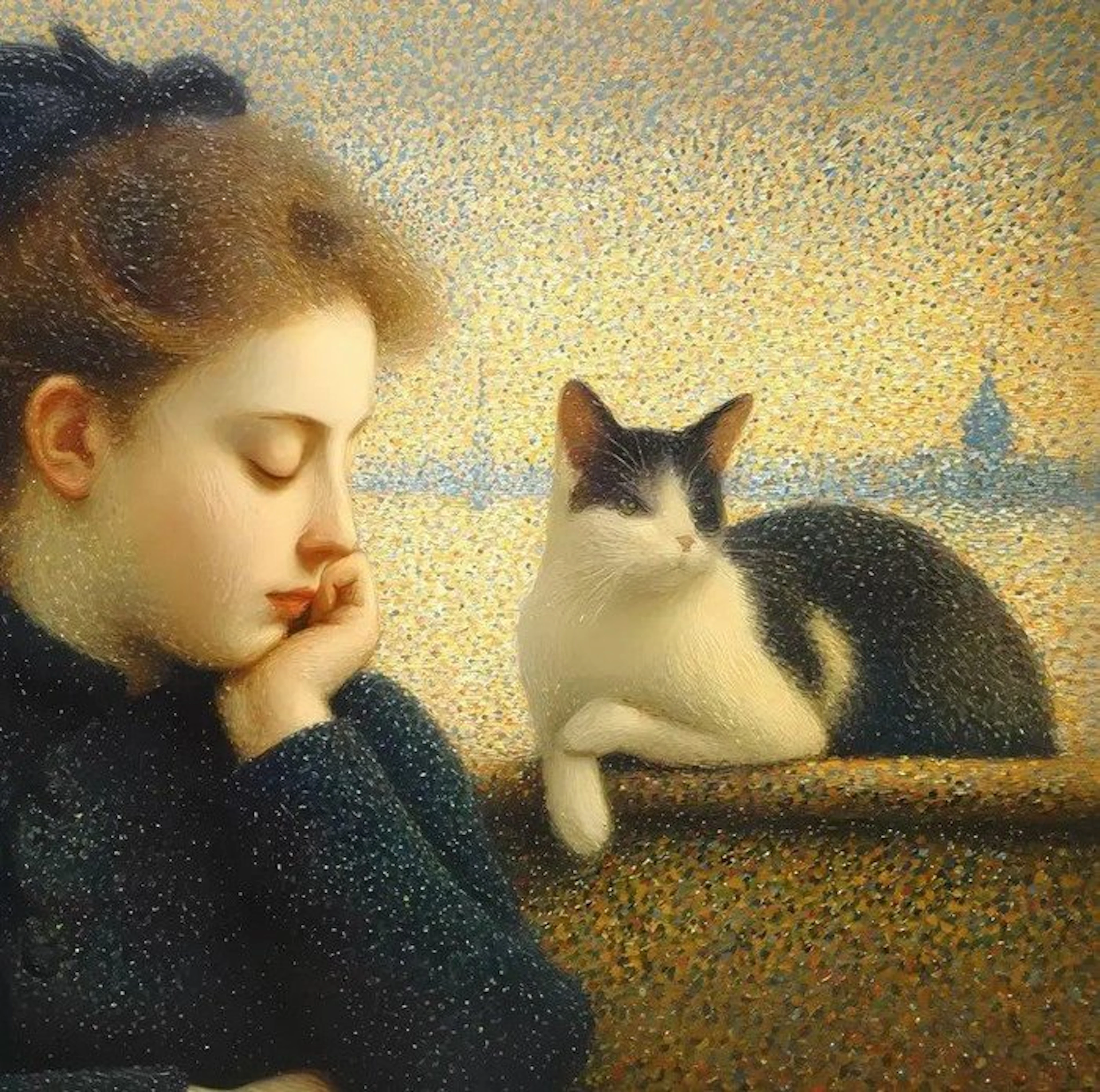 I_KONIQ - Venice girl with cat in George Seurat oilpaint style