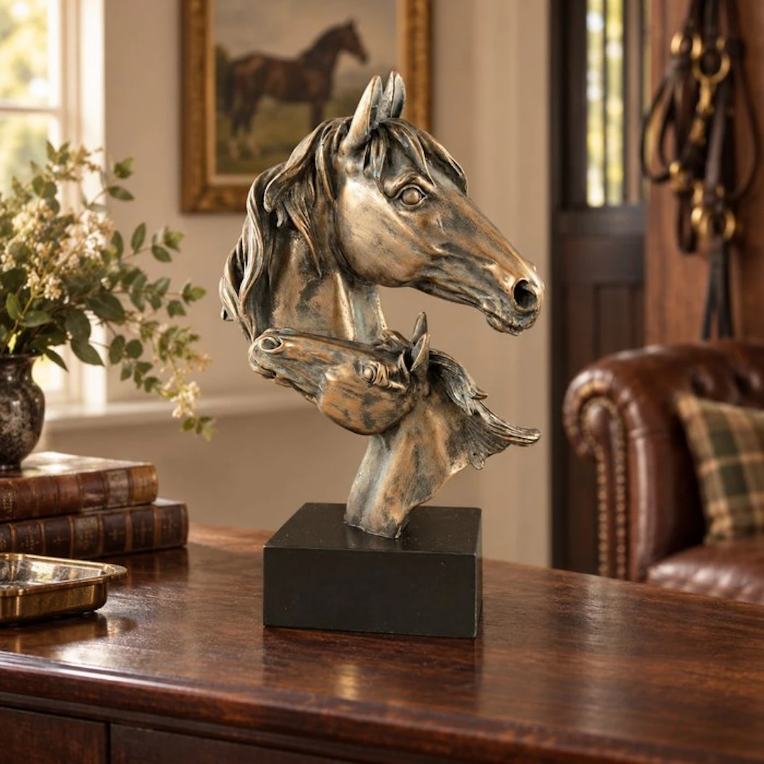 Statue, Dubbele paardenkop op sokkel - zwart en brons - 44 cm - Polystone