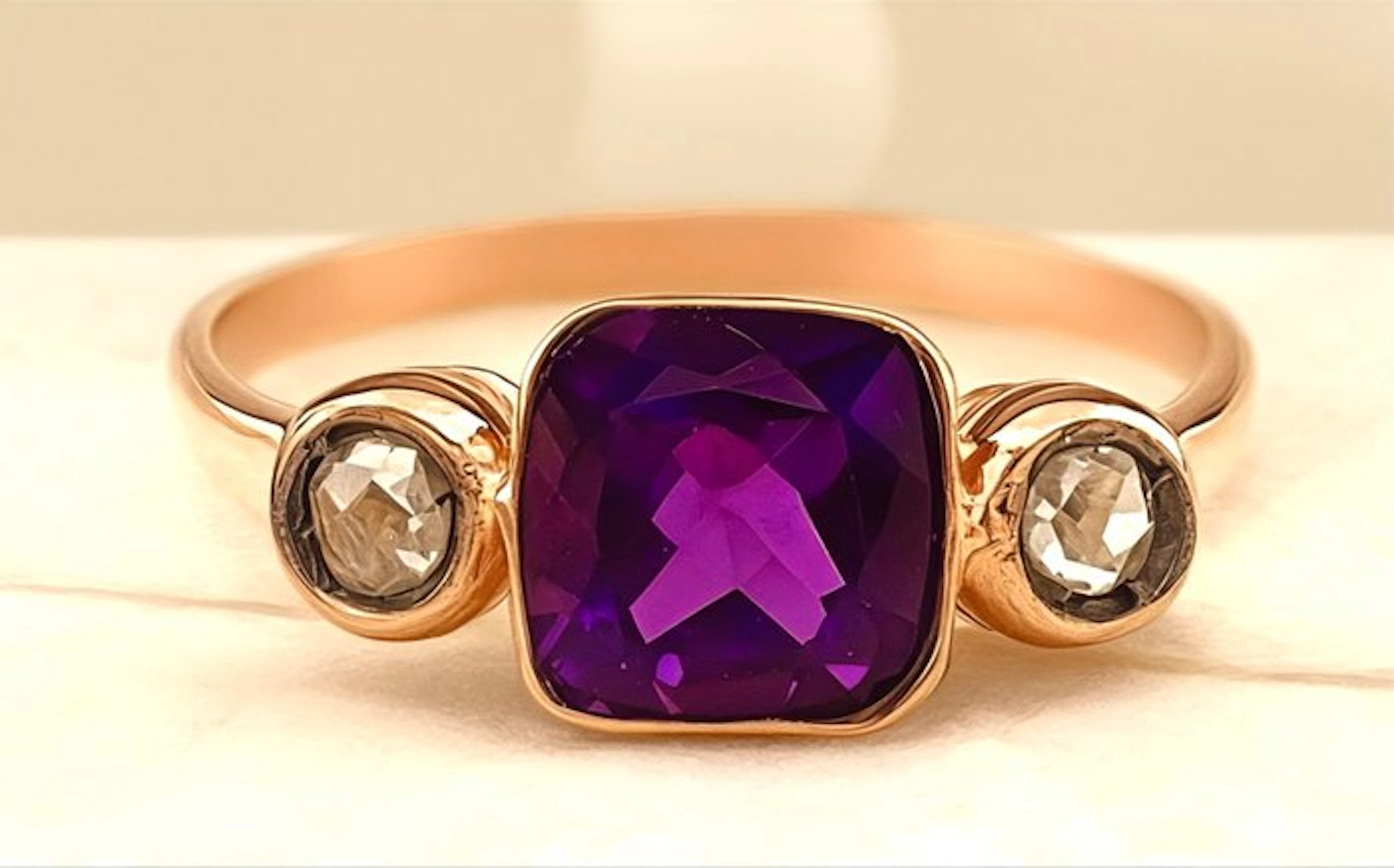 No reserve price - Ring - 9 kt. Rose gold, Silver Amethyst - Diamond