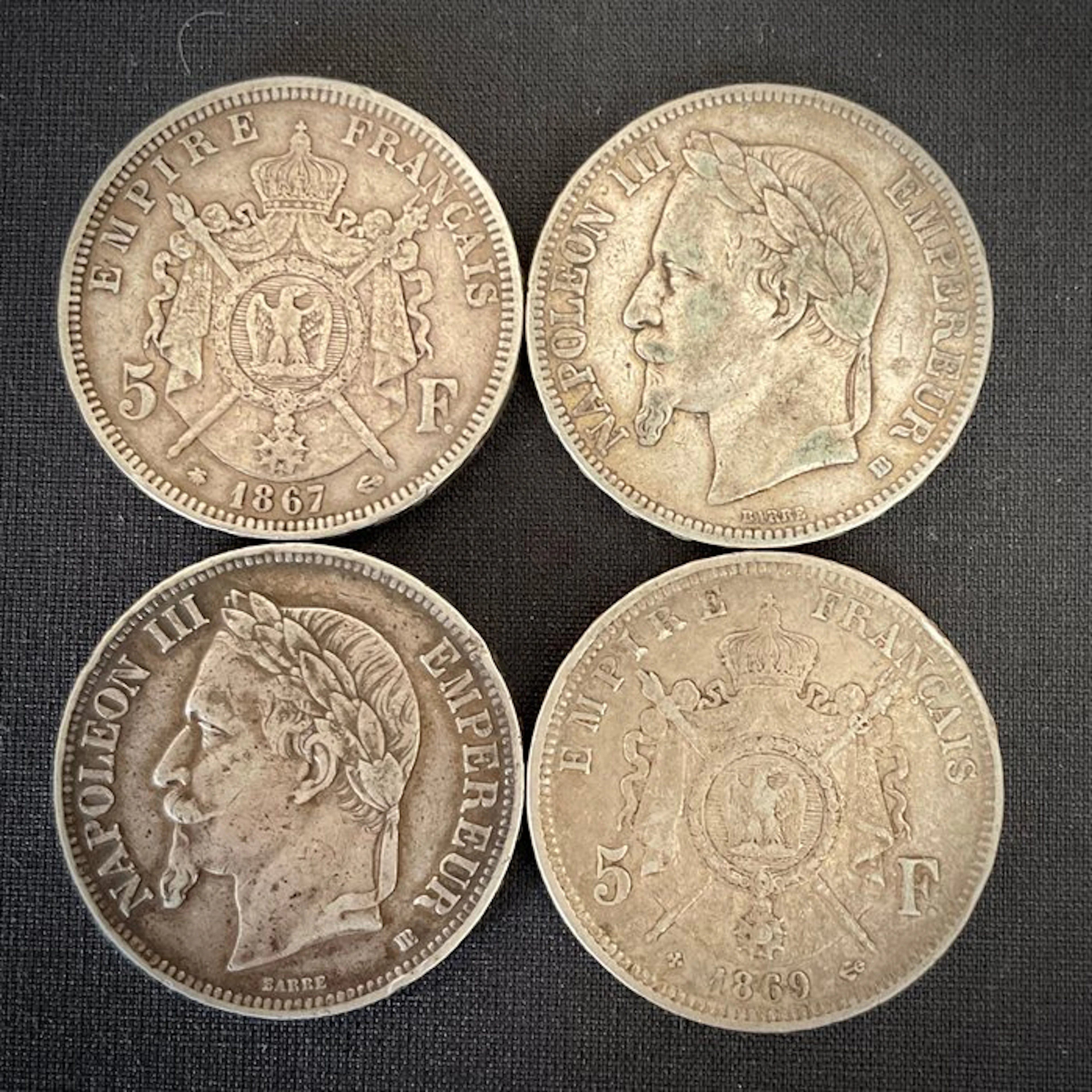 France. Napoléon III. 5 Francs 1867/1869 (4 munten) (No reserve price)