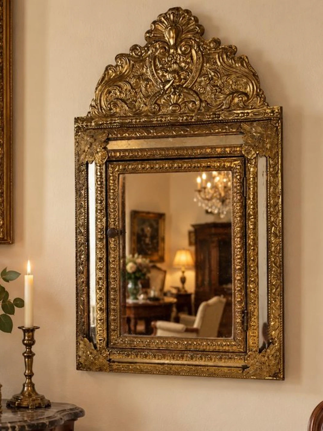 Mirror- Hall cabinet with mirror - Wood, Glass, Brass