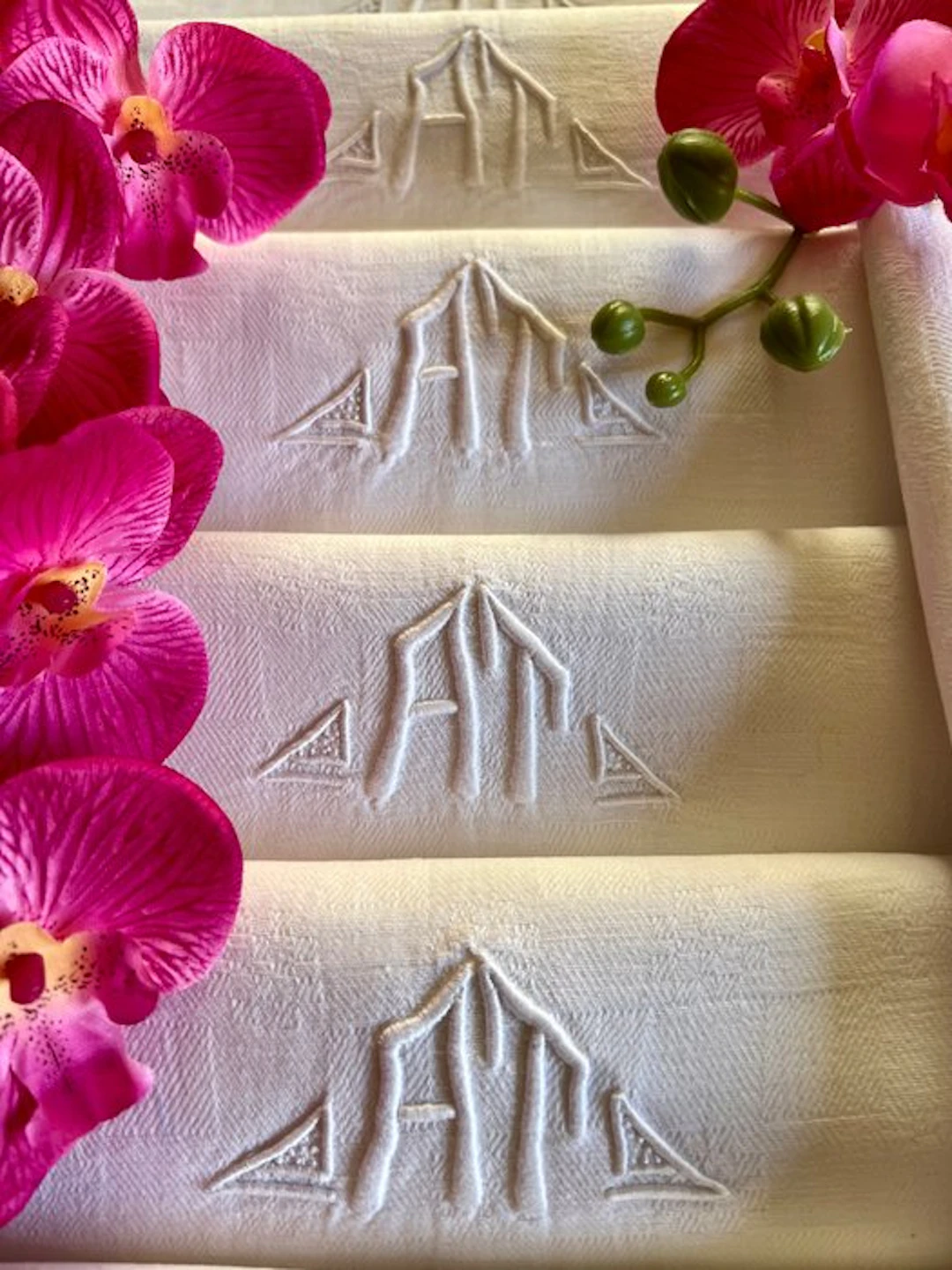 Antique set of linen napkins hand-embroidered with initials