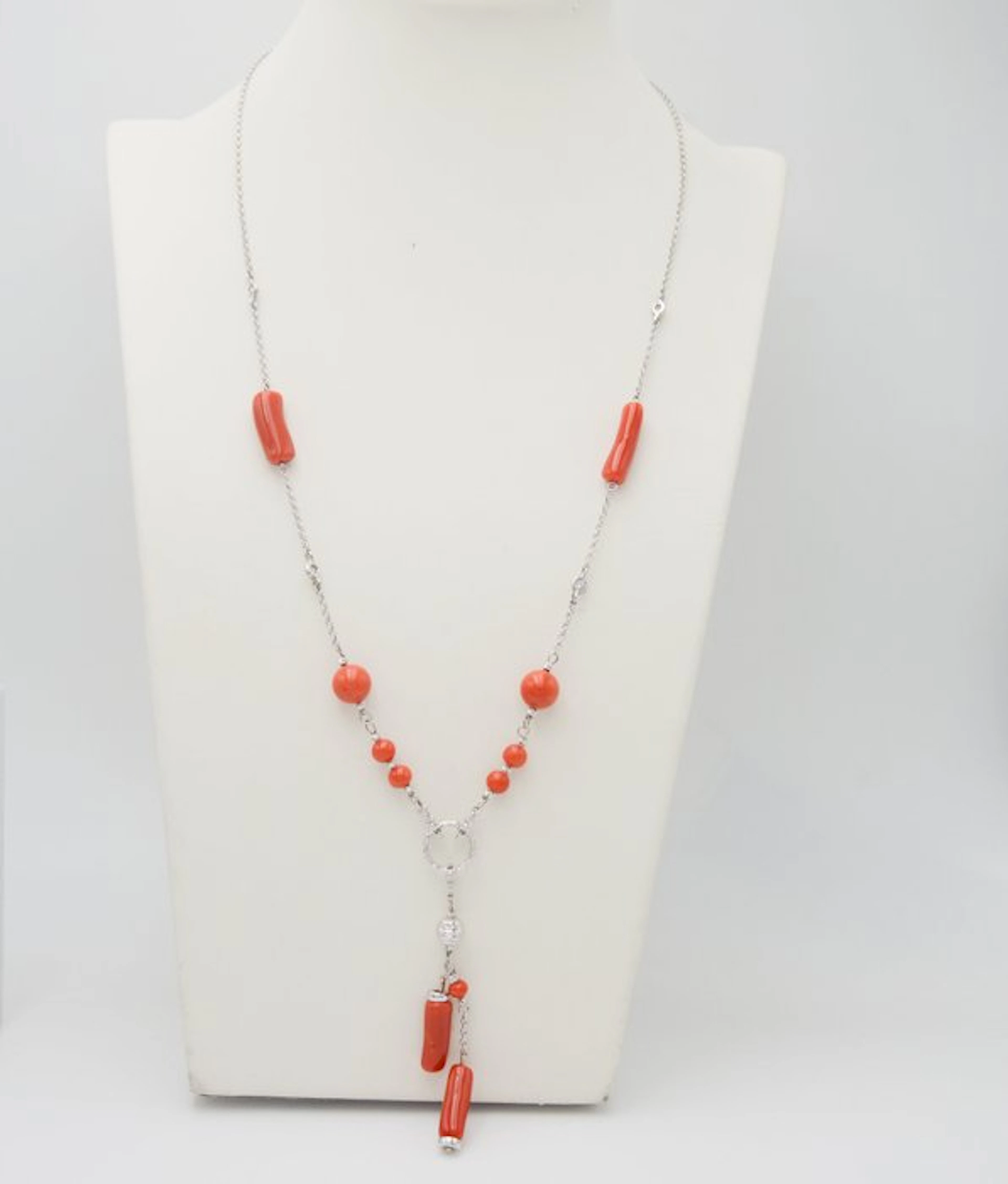 Necklace with pendant - 18 kt. White gold Diamond (Natural) - Coral