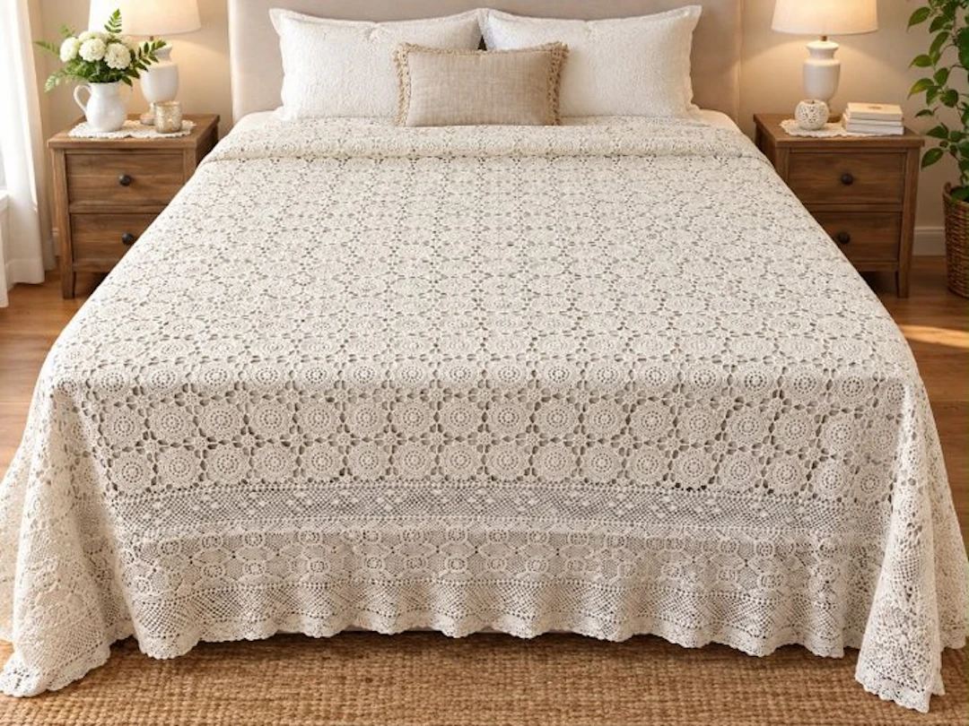 Coprileto in puro lino ricamato a l' uncinetto - Bedspread - 280 cm - 260 cm