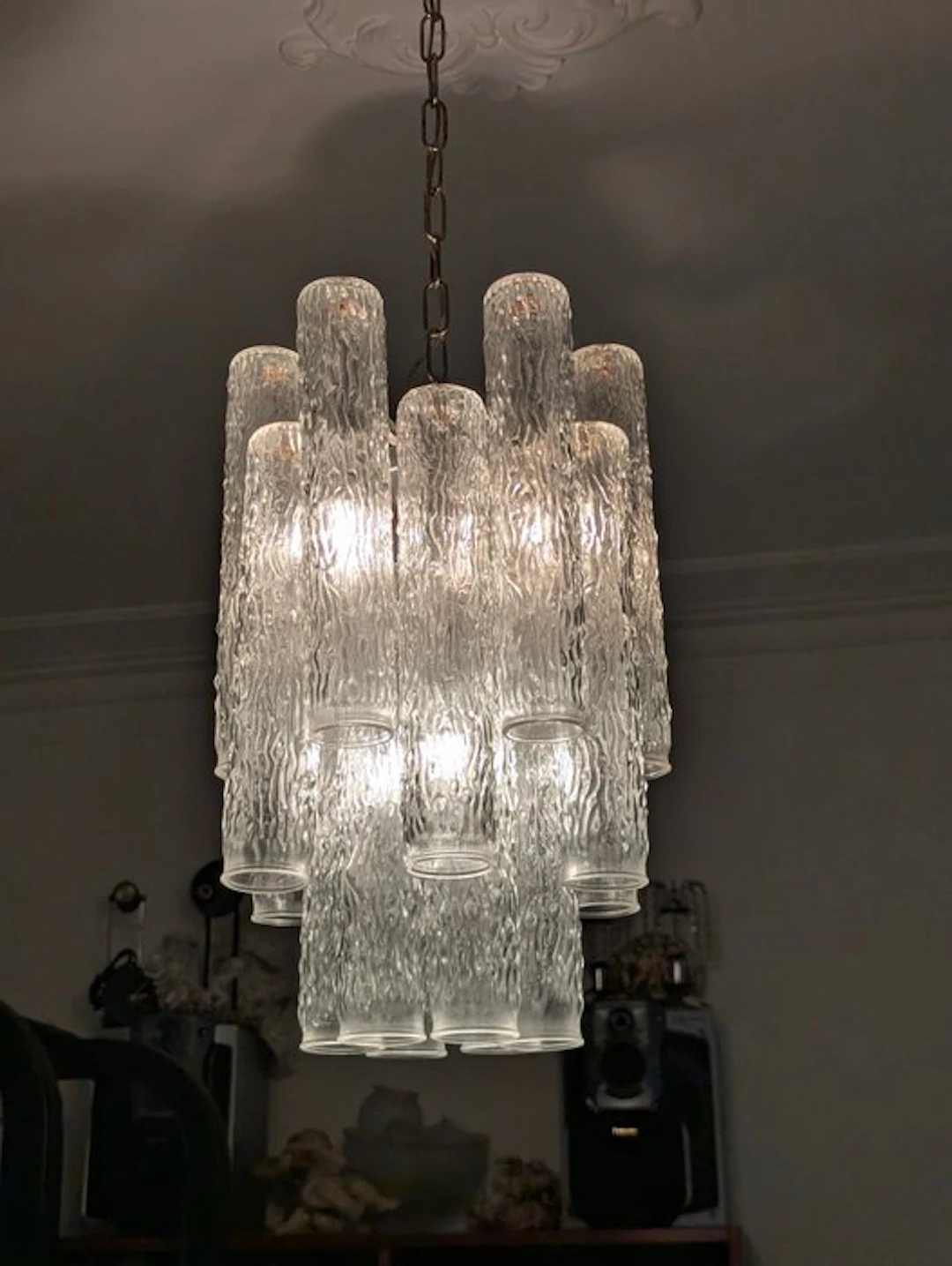Chandelier - Glass - Italian 1970s design chandelier - metal frame