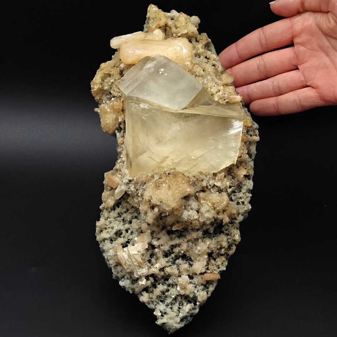 21 cm! Calcite geminata with pink stilbite