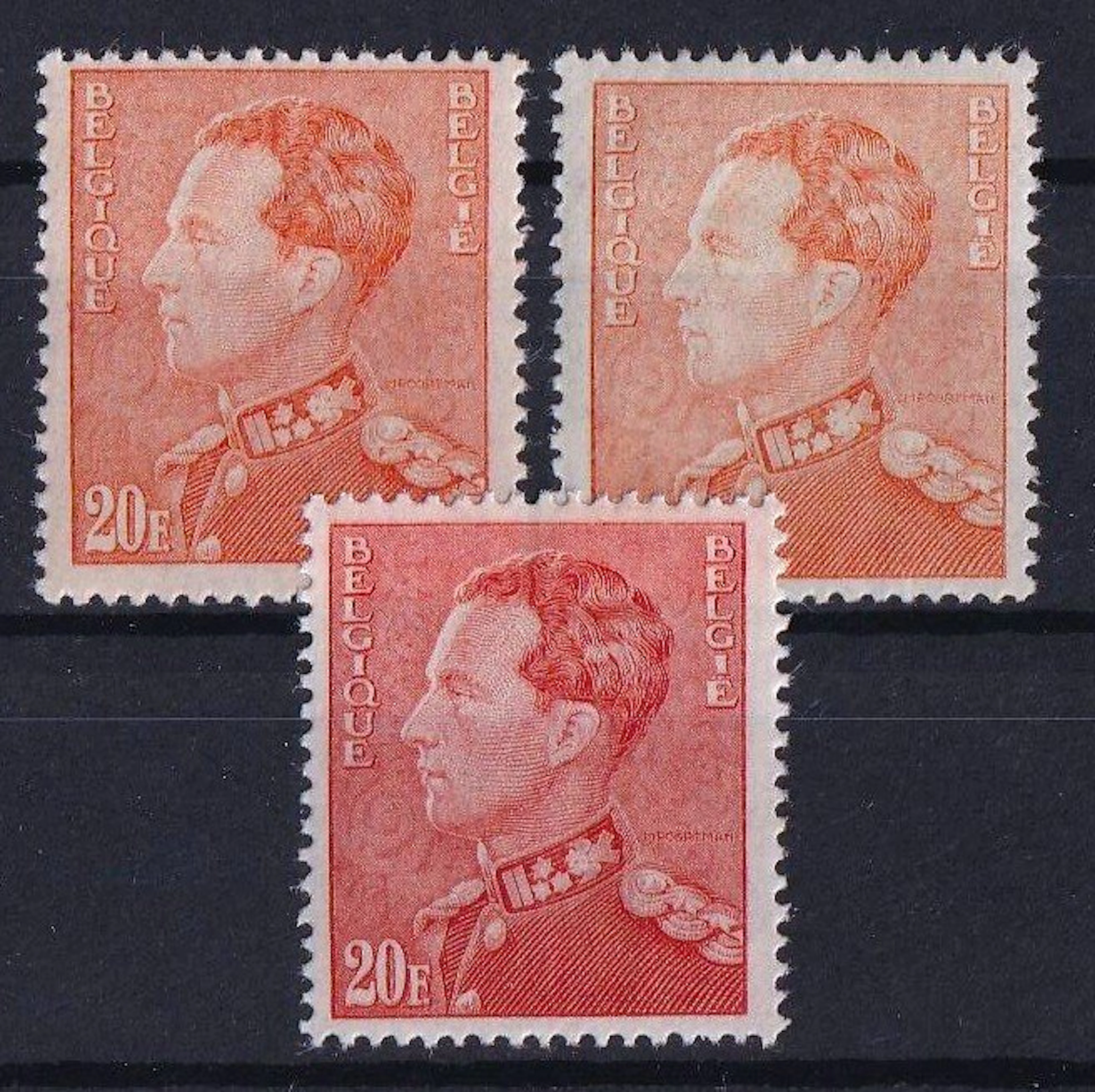 Belgium 1946/1953 - the three shades Poortman 20F: bright orange