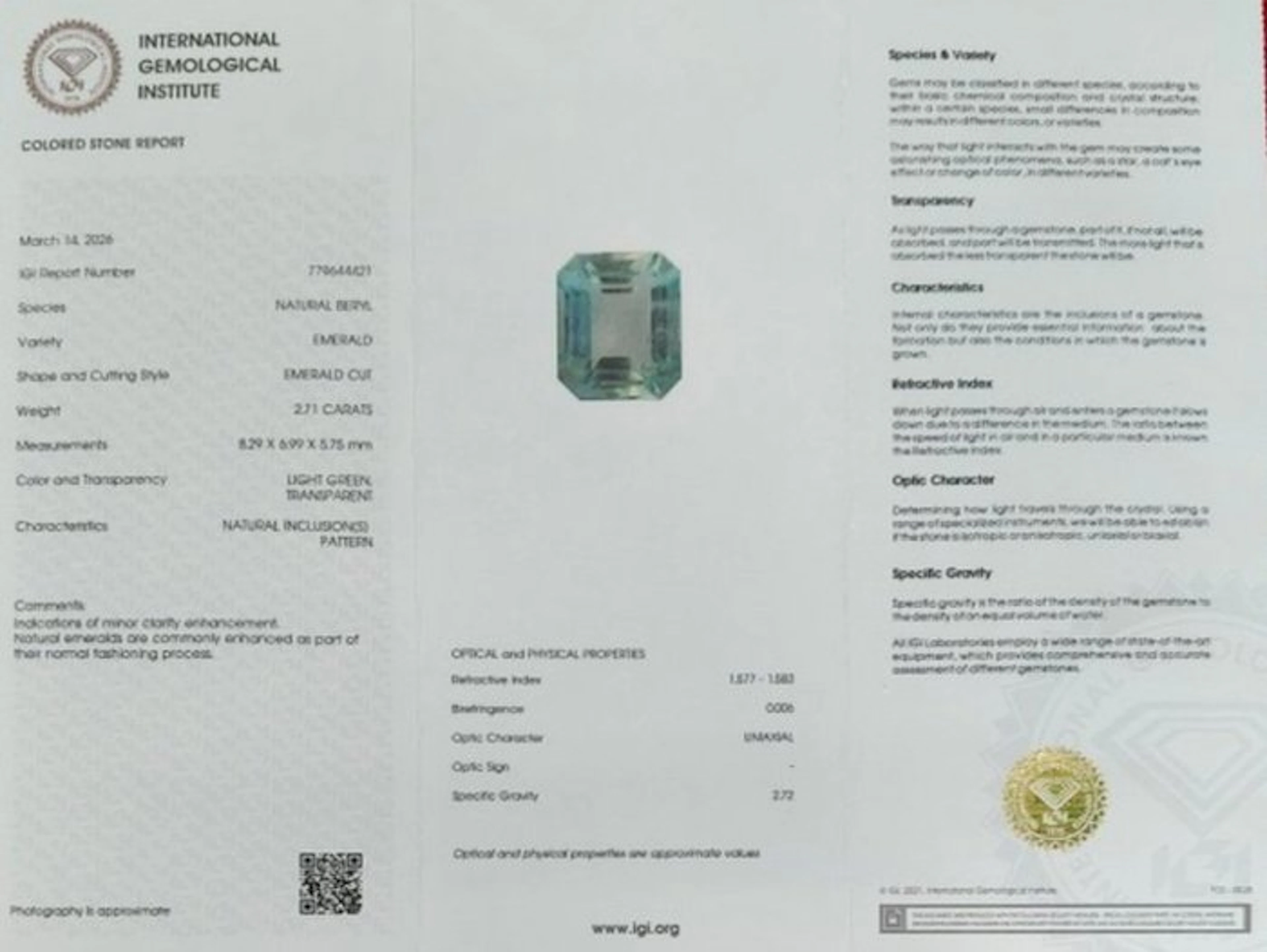 1 pcs Green Emerald - 2.71 ct - International Gemological...