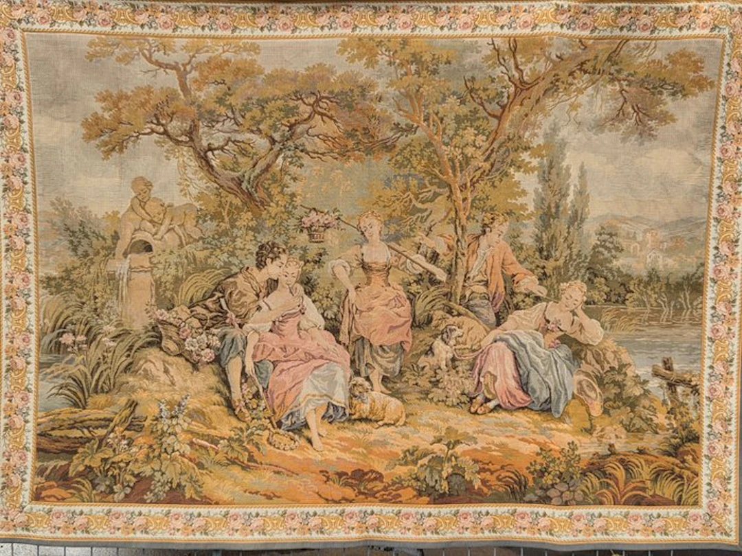 Large Vintage French Jacquard Wall Tapestry - "Les Amours...