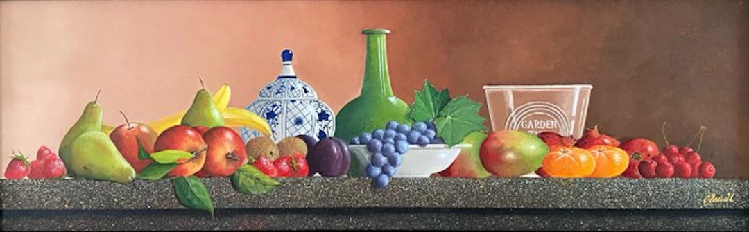 Ben Oude Breuil (1949) - Fruitstilleven met Chinese dekselpot