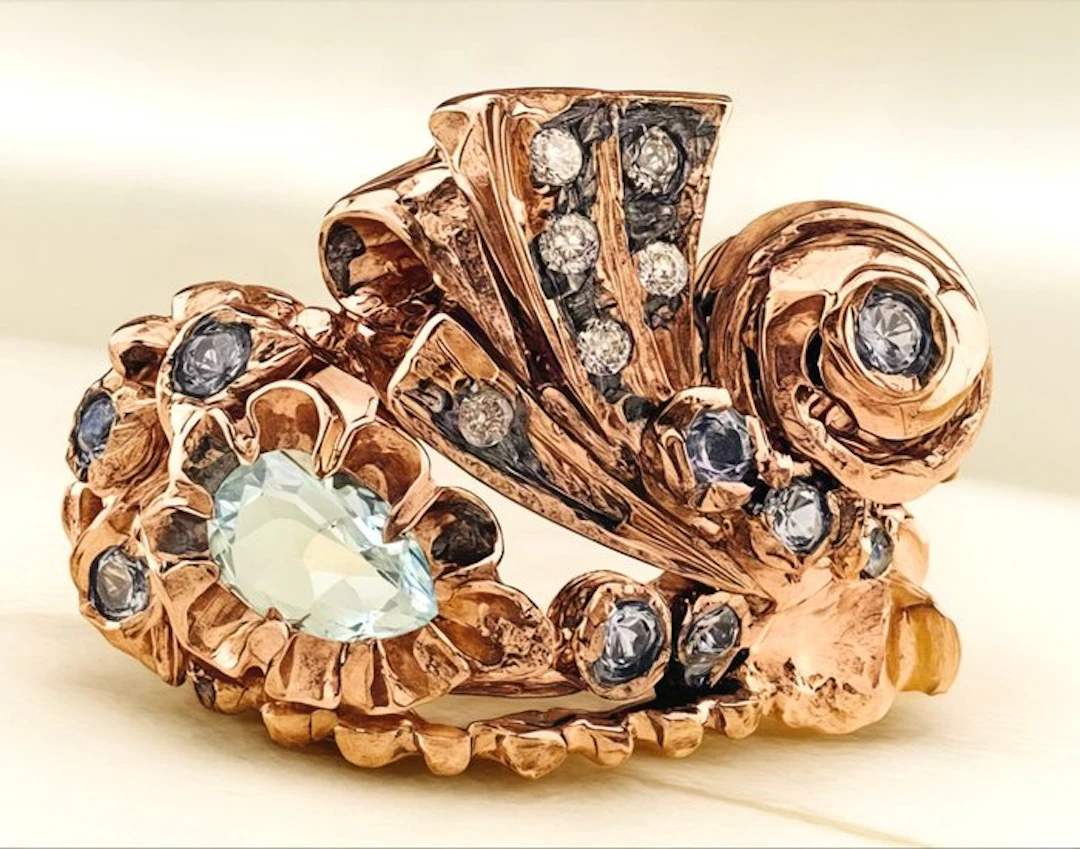 No reserve price - Ring - 9 kt. Rose gold, Silver Aquamarine - Diamond