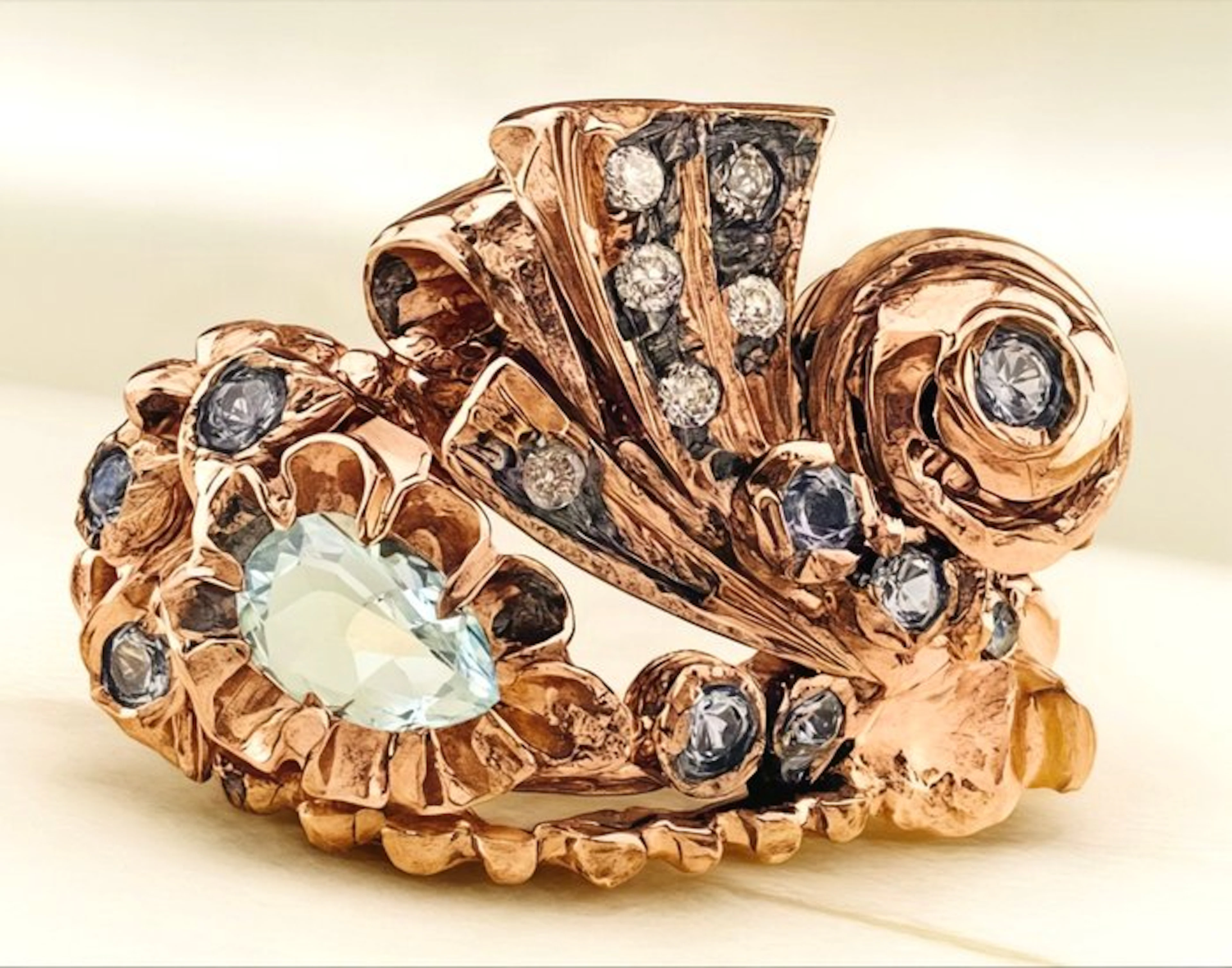 No reserve price - Ring - 9 kt. Rose gold, Silver Aquamarine - Diamond
