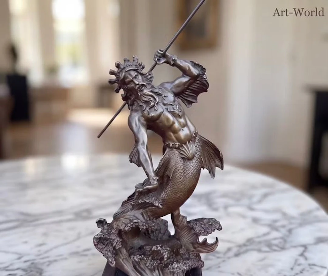 Statue, Griekse zeegod Poseidon 30 cm / 3.6 kg - 30 cm - Bronze, Marble
