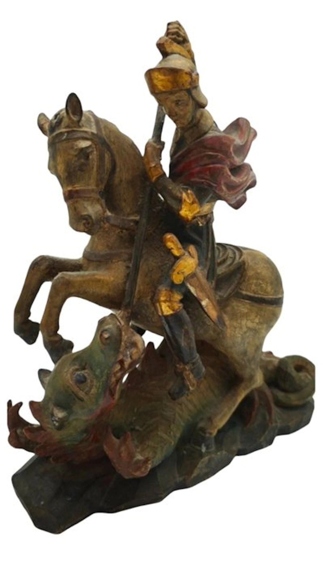 Sculpture, Święty Jerzy zabijający smoka - 38 cm - Wood, Gold, Paint