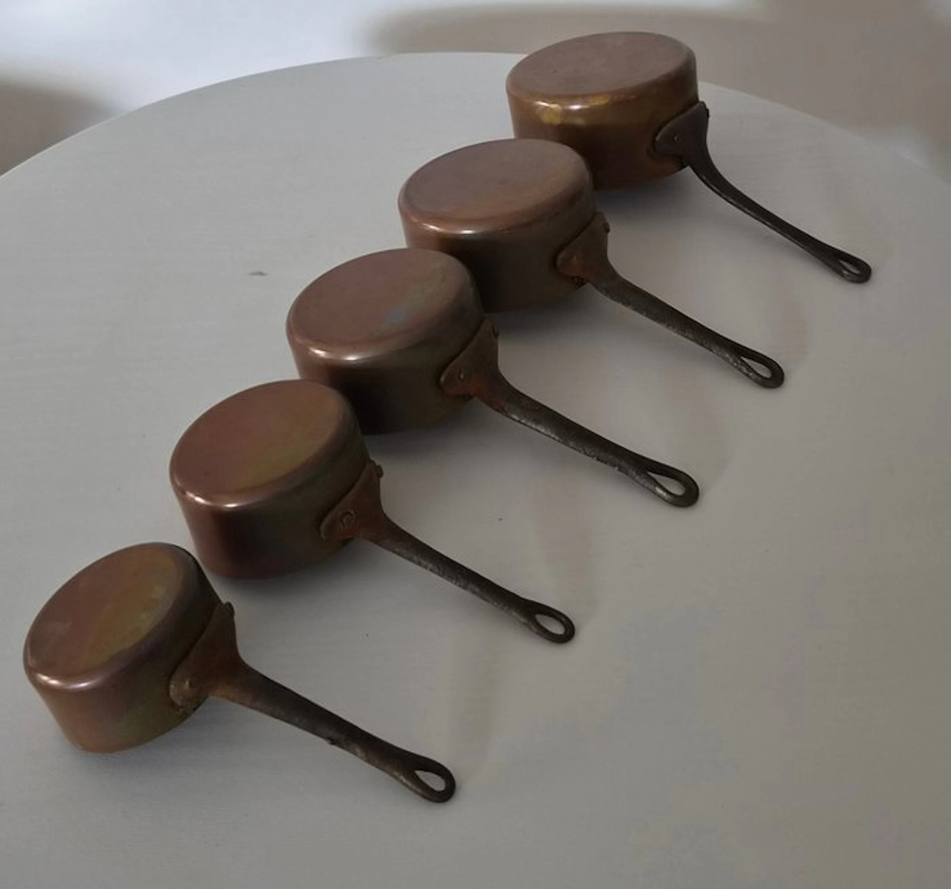 Pan (5) - Vintage Miniature Copper Pans with Cast Iron...